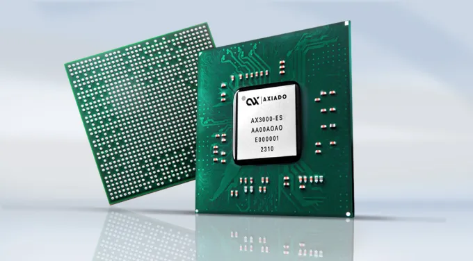 Axiado AX3000-ES Trusted Control Unit (TCU) chip, featuring front and back views of the 23mm × 23mm BGA package with integrated AI security capabilities